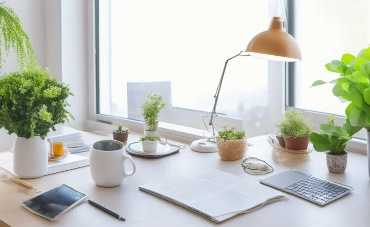 Ein warm beleuchtetes, modern eingerichtetes Büro mit einem offenen Briefumschlag auf dem Schreibtisch, umgeben von sonnendurchflutetem Raum und freundlichen Details wie einer Kaffeetasse, Notebook und grünen Pflanzen, die die Verbindung von analoger Haptik und digitaler Arbeitswelt emotional und einladend widerspiegeln.