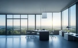In einem lichtdurchfluteten, modernen Büro stehen zwei Geschäftsleute im angeregten Gespräch vor großen Fenstern mit Blick auf eine Stadtlandschaft, reflektierend und voller Zuversicht, während warme Sonnentöne und natürliche Farbnuancen eine Atmosphäre von Innovation und partnerschaftlicher Zukunftsgestaltung schaffen.