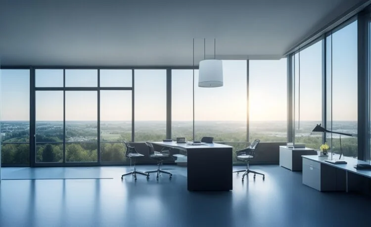 In einem lichtdurchfluteten, modernen Büro stehen zwei Geschäftsleute im angeregten Gespräch vor großen Fenstern mit Blick auf eine Stadtlandschaft, reflektierend und voller Zuversicht, während warme Sonnentöne und natürliche Farbnuancen eine Atmosphäre von Innovation und partnerschaftlicher Zukunftsgestaltung schaffen.