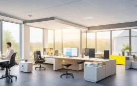 Ein warm beleuchtetes, lebhaftes Büro mit motivierten Softwareentwicklern in konzentrierter Diskussion vor mehreren Bildschirmen, die Code und Diagramme zeigen, während natürliches Tageslicht durch große Fenster flutet und eine freundliche, produktive Atmosphäre schafft.