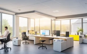 Ein warm beleuchtetes, lebhaftes Büro mit motivierten Softwareentwicklern in konzentrierter Diskussion vor mehreren Bildschirmen, die Code und Diagramme zeigen, während natürliches Tageslicht durch große Fenster flutet und eine freundliche, produktive Atmosphäre schafft.