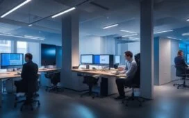 In einem hell erleuchteten, modernen Büro sitzen engagierte Kreative mit strahlenden Gesichtern vor großen Bildschirmen, während sie in einem inspirierenden Austausch über digitale Designs und Nutzererlebnisse stehen, umgeben von natürlichen Lichtreflexen und warmen Holztönen, die eine offene, optimistische Atmosphäre schaffen.
