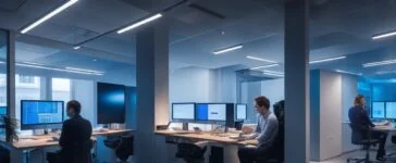 In einem hell erleuchteten, modernen Büro sitzen engagierte Kreative mit strahlenden Gesichtern vor großen Bildschirmen, während sie in einem inspirierenden Austausch über digitale Designs und Nutzererlebnisse stehen, umgeben von natürlichen Lichtreflexen und warmen Holztönen, die eine offene, optimistische Atmosphäre schaffen.
