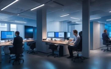 In einem hell erleuchteten, modernen Büro sitzen engagierte Kreative mit strahlenden Gesichtern vor großen Bildschirmen, während sie in einem inspirierenden Austausch über digitale Designs und Nutzererlebnisse stehen, umgeben von natürlichen Lichtreflexen und warmen Holztönen, die eine offene, optimistische Atmosphäre schaffen.