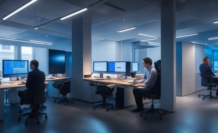 In einem hell erleuchteten, modernen Büro sitzen engagierte Kreative mit strahlenden Gesichtern vor großen Bildschirmen, während sie in einem inspirierenden Austausch über digitale Designs und Nutzererlebnisse stehen, umgeben von natürlichen Lichtreflexen und warmen Holztönen, die eine offene, optimistische Atmosphäre schaffen.