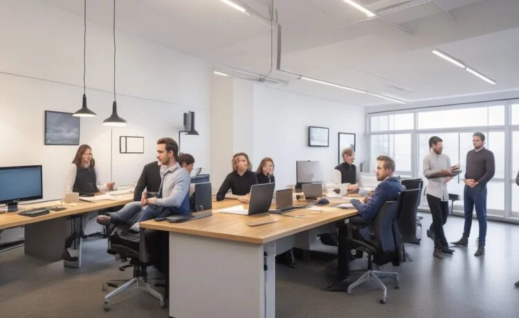 Hell erleuchtetes, modernes Entwicklerbüro mit einem freundlichen Team, das konzentriert an Laptops arbeitet, umgeben von warmen Holzelementen und großflächigen Fenstern, durch die sanftes Tageslicht hineinfällt, während subtil futuristische Bildschirme im Hintergrund die Automatisierung und KI-gestützte Codeverteilung symbolisieren.