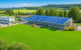 Ein strahlend sonnendurchfluteter, moderner Rechenzentrums-Campus inmitten grüner Landschaft, umgeben von nachhaltigen Solarpaneelen und Windrädern, wobei gut gekleidete Technik-Experten in angeregtem Austausch vor den großen Glasfassaden stehen und so die Zukunft Europas digitale Infrastruktur in warmem, authentischem Licht lebendig werden lassen.