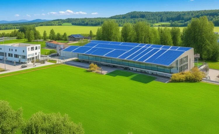 Ein strahlend sonnendurchfluteter, moderner Rechenzentrums-Campus inmitten grüner Landschaft, umgeben von nachhaltigen Solarpaneelen und Windrädern, wobei gut gekleidete Technik-Experten in angeregtem Austausch vor den großen Glasfassaden stehen und so die Zukunft Europas digitale Infrastruktur in warmem, authentischem Licht lebendig werden lassen.