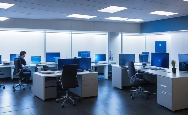 In einem hell erleuchteten, modernen Büro lächelt eine diverse Gruppe von Webentwicklern entspannt und konzentriert, während sie an eleganten Laptops mit smarten Geräten und biometrischen Sensoren arbeiten – ein lebendiges Sinnbild für die Zukunft digitaler Sicherheit mit Passkeys, eingefangen in warmem, natürlichem Licht.