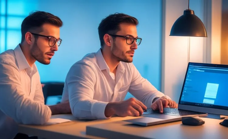 Ein helles, modern eingerichtetes Home-Office mit natürlichem Tageslicht, in dem eine entspannte Person mit einem Lächeln auf dem Gesicht auf einem Laptop eine übersichtliche, klare Passwortmanager-App benutzt – warmes Licht, freundlich komponiert, mit realistischen Details und einer einladenden Atmosphäre, die Benutzerfreundlichkeit und digitale Sicherheit im Alltag ausstrahlt.