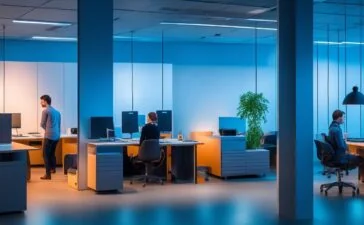 Ein hell erleuchtetes, modernes Büro mit natürlichem Tageslicht, in dem eine entspannte Person konzentriert vor einem Laptop sitzt und mit einem KI-gestützten, dialogorientierten Suchassistenten interagiert – eine einladende Szene, die die verschmelzende Zukunft von traditioneller und künstlicher Suche in einer warmen, freundlichen Atmosphäre eindrucksvoll einfängt.