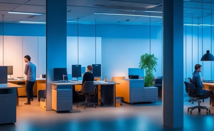 Ein hell erleuchtetes, modernes Büro mit natürlichem Tageslicht, in dem eine entspannte Person konzentriert vor einem Laptop sitzt und mit einem KI-gestützten, dialogorientierten Suchassistenten interagiert – eine einladende Szene, die die verschmelzende Zukunft von traditioneller und künstlicher Suche in einer warmen, freundlichen Atmosphäre eindrucksvoll einfängt.