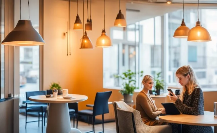 Ein warm beleuchtetes, modernes Café-Interieur, in dem eine lächelnde junge Frau entspannt mit ihrem Smartphone kontaktlos bezahlt, während im Hintergrund unscharf stilvoll gestaltete, digitale Finanzgrafiken auf einem transparenten Bildschirm dezent und elegant andeuten, wie Blockchain-Technologie Sicherheit und Innovation im Alltag verbindet.