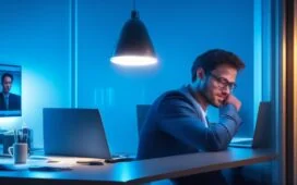In einem hell erleuchteten, modernen Arbeitszimmer fokussiert ein junger Entwickler mit freundlichem Lächeln konzentriert auf ein geöffnetes Smartphone, dessen Screen sanftes, warmes Licht auf sein Gesicht wirft, während im Hintergrund dezent technische Skizzen und Platinen auf einem Holztisch liegen, was die faszinierende Zukunft leistungsstarker mobiler CPUs und intelligenter Technologie symbolisiert.