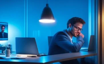 In einem hell erleuchteten, modernen Arbeitszimmer fokussiert ein junger Entwickler mit freundlichem Lächeln konzentriert auf ein geöffnetes Smartphone, dessen Screen sanftes, warmes Licht auf sein Gesicht wirft, während im Hintergrund dezent technische Skizzen und Platinen auf einem Holztisch liegen, was die faszinierende Zukunft leistungsstarker mobiler CPUs und intelligenter Technologie symbolisiert.