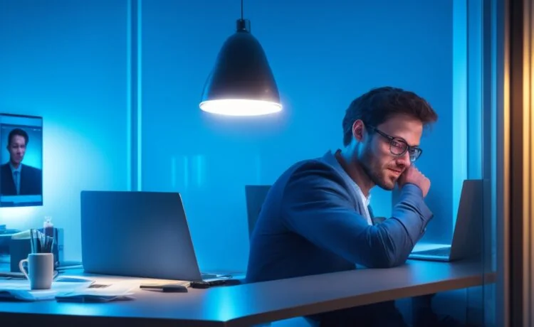 In einem hell erleuchteten, modernen Arbeitszimmer fokussiert ein junger Entwickler mit freundlichem Lächeln konzentriert auf ein geöffnetes Smartphone, dessen Screen sanftes, warmes Licht auf sein Gesicht wirft, während im Hintergrund dezent technische Skizzen und Platinen auf einem Holztisch liegen, was die faszinierende Zukunft leistungsstarker mobiler CPUs und intelligenter Technologie symbolisiert.