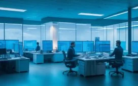 Ein modernes, hell erleuchtetes Büro mit mehreren Bildschirmen, auf denen komplexe Datenanalysen und digitale Musik-Visualisierungen zu sehen sind, während eine konzentrierte Person mit warmem Lächeln und entspanntem Auftreten im Vordergrund die technische Verteidigung gegen digitale Modifikationen symbolisiert.