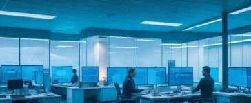 Ein modernes, hell erleuchtetes Büro mit mehreren Bildschirmen, auf denen komplexe Datenanalysen und digitale Musik-Visualisierungen zu sehen sind, während eine konzentrierte Person mit warmem Lächeln und entspanntem Auftreten im Vordergrund die technische Verteidigung gegen digitale Modifikationen symbolisiert.