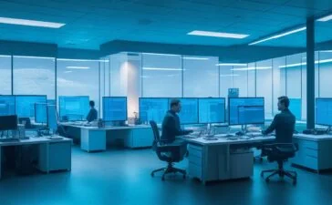 Ein modernes, hell erleuchtetes Büro mit mehreren Bildschirmen, auf denen komplexe Datenanalysen und digitale Musik-Visualisierungen zu sehen sind, während eine konzentrierte Person mit warmem Lächeln und entspanntem Auftreten im Vordergrund die technische Verteidigung gegen digitale Modifikationen symbolisiert.