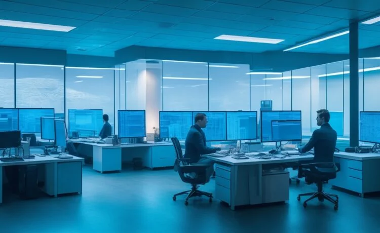 Ein modernes, hell erleuchtetes Büro mit mehreren Bildschirmen, auf denen komplexe Datenanalysen und digitale Musik-Visualisierungen zu sehen sind, während eine konzentrierte Person mit warmem Lächeln und entspanntem Auftreten im Vordergrund die technische Verteidigung gegen digitale Modifikationen symbolisiert.