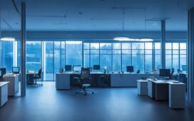 In einem hell erleuchteten Technikbüro tauschen sich professionelle Netzwerktechniker in lockerer Atmosphäre über komplexe Kabelanlagen aus, während Sonnenlicht durch große Fenster fällt und eine warme, zukunftsorientierte Stimmung vermittelt.