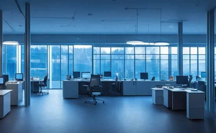In einem hell erleuchteten Technikbüro tauschen sich professionelle Netzwerktechniker in lockerer Atmosphäre über komplexe Kabelanlagen aus, während Sonnenlicht durch große Fenster fällt und eine warme, zukunftsorientierte Stimmung vermittelt.