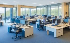 Ein sonnendurchflutetes, modernes Büro mit aufmerksamen IT-Expert:innen vor mehreren Bildschirmen, die gemeinsam konzentriert digitale Lieferketten sichern, umgeben von warmem Tageslicht und einem einladenden, kollegialen Arbeitsklima.