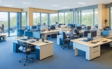 Ein sonnendurchflutetes, modernes Büro mit aufmerksamen IT-Expert:innen vor mehreren Bildschirmen, die gemeinsam konzentriert digitale Lieferketten sichern, umgeben von warmem Tageslicht und einem einladenden, kollegialen Arbeitsklima.