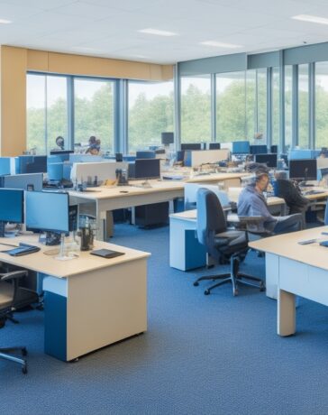 Ein sonnendurchflutetes, modernes Büro mit aufmerksamen IT-Expert:innen vor mehreren Bildschirmen, die gemeinsam konzentriert digitale Lieferketten sichern, umgeben von warmem Tageslicht und einem einladenden, kollegialen Arbeitsklima.