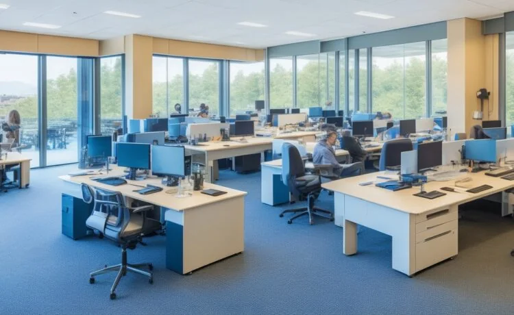 Ein sonnendurchflutetes, modernes Büro mit aufmerksamen IT-Expert:innen vor mehreren Bildschirmen, die gemeinsam konzentriert digitale Lieferketten sichern, umgeben von warmem Tageslicht und einem einladenden, kollegialen Arbeitsklima.