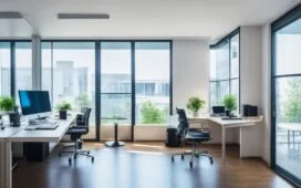 Ein lichtdurchflutetes, modernes Büro mit entspannten IT-Profis, die fokussiert an schlanken Laptops und großen Bildschirmen arbeiten, während warme Sonnenstrahlen durch große Fenster diffuses, lebendiges Tageslicht auf minimalistisches technisches Equipment werfen und so eine Atmosphäre von Sicherheit, Effizienz und Fortschritt in der Container-Entwicklung schaffen.