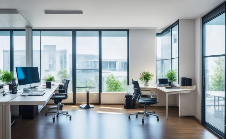 Ein lichtdurchflutetes, modernes Büro mit entspannten IT-Profis, die fokussiert an schlanken Laptops und großen Bildschirmen arbeiten, während warme Sonnenstrahlen durch große Fenster diffuses, lebendiges Tageslicht auf minimalistisches technisches Equipment werfen und so eine Atmosphäre von Sicherheit, Effizienz und Fortschritt in der Container-Entwicklung schaffen.