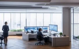 In einem hell erleuchteten modernen Büro sitzt eine engagierte Geschäftsfrau vor mehreren großen Bildschirmen mit digitalen Dokumenten und Diagrammen, während warmes Tageslicht durch die großen Fenster fällt und eine Atmosphäre von Effizienz, Innovation und positiver Zusammenarbeit vermittelt.