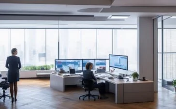 In einem hell erleuchteten modernen Büro sitzt eine engagierte Geschäftsfrau vor mehreren großen Bildschirmen mit digitalen Dokumenten und Diagrammen, während warmes Tageslicht durch die großen Fenster fällt und eine Atmosphäre von Effizienz, Innovation und positiver Zusammenarbeit vermittelt.