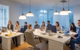 Ein sonnendurchflutetes, modernes Büro mit einem freundlichen Marketing-Team, das konzentriert vor Laptopbildschirmen sitzt, während natürliche Lichtstrahlen warm die Szene erhellen und den innovativen Einsatz von KI-Technologie in der digitalen Kommunikation lebendig widerspiegeln.