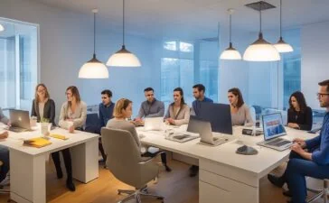 Ein sonnendurchflutetes, modernes Büro mit einem freundlichen Marketing-Team, das konzentriert vor Laptopbildschirmen sitzt, während natürliche Lichtstrahlen warm die Szene erhellen und den innovativen Einsatz von KI-Technologie in der digitalen Kommunikation lebendig widerspiegeln.