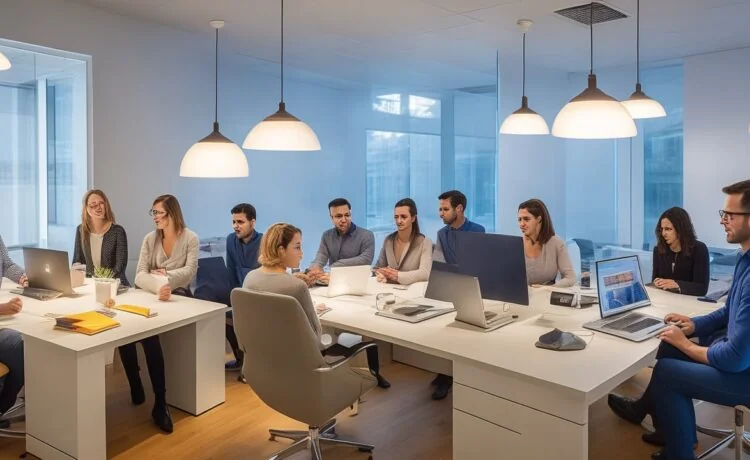 Ein sonnendurchflutetes, modernes Büro mit einem freundlichen Marketing-Team, das konzentriert vor Laptopbildschirmen sitzt, während natürliche Lichtstrahlen warm die Szene erhellen und den innovativen Einsatz von KI-Technologie in der digitalen Kommunikation lebendig widerspiegeln.