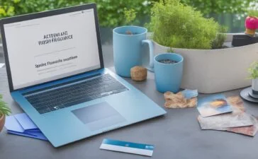 Eine helle, einladende Büroszene mit lächelnden Marketingexperten, die bei natürlichem Licht konzentriert an einem Laptop und ausgedruckten Mailings arbeiten, während warme Farbtöne und realistische Details eine freundliche Atmosphäre digitaler Markenkommunikation schaffen.