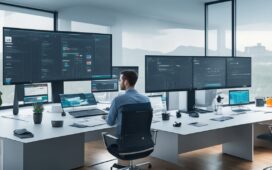 In einem modernen, hell erleuchteten Büro sitzen engagierte Webentwickler entspannt an einem großen Tisch, umgeben von Bildschirmen mit klar strukturierten Codes und einem transparenten Dashboard, während ein sanftes Tageslicht ihre konzentrierte, aber freundliche Zusammenarbeit in einer innovativen, technischen Arbeitsatmosphäre unterstreicht.