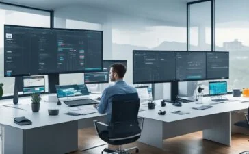In einem modernen, hell erleuchteten Büro sitzen engagierte Webentwickler entspannt an einem großen Tisch, umgeben von Bildschirmen mit klar strukturierten Codes und einem transparenten Dashboard, während ein sanftes Tageslicht ihre konzentrierte, aber freundliche Zusammenarbeit in einer innovativen, technischen Arbeitsatmosphäre unterstreicht.