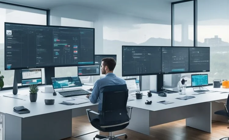 In einem modernen, hell erleuchteten Büro sitzen engagierte Webentwickler entspannt an einem großen Tisch, umgeben von Bildschirmen mit klar strukturierten Codes und einem transparenten Dashboard, während ein sanftes Tageslicht ihre konzentrierte, aber freundliche Zusammenarbeit in einer innovativen, technischen Arbeitsatmosphäre unterstreicht.