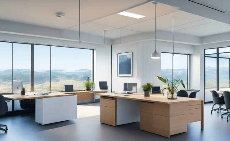 Ein warm erleuchtetes, modernes Büro mit einem lächelnden Entwickler, der vor mehreren Bildschirmen mit minimalistischen Codes arbeitet, während sanftes Tageslicht durch große Fenster fällt und eine Atmosphäre von Effizienz, Sicherheit und technologischer Innovation schafft.