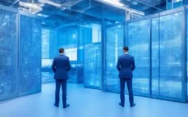 Ein warm erleuchteter, moderner Serverraum mit strahlend weißen Wänden und glänzenden Glasflächen, in dem gut gelaunte Mitarbeitende in legerer Businesskleidung mit offener Kommunikation und natürlichem Tageslicht die digitale Infrastruktur eines hochmodernen Rechenzentrums an einem Tag der offenen Tür vorstellen.