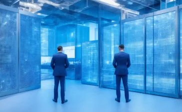 Ein warm erleuchteter, moderner Serverraum mit strahlend weißen Wänden und glänzenden Glasflächen, in dem gut gelaunte Mitarbeitende in legerer Businesskleidung mit offener Kommunikation und natürlichem Tageslicht die digitale Infrastruktur eines hochmodernen Rechenzentrums an einem Tag der offenen Tür vorstellen.