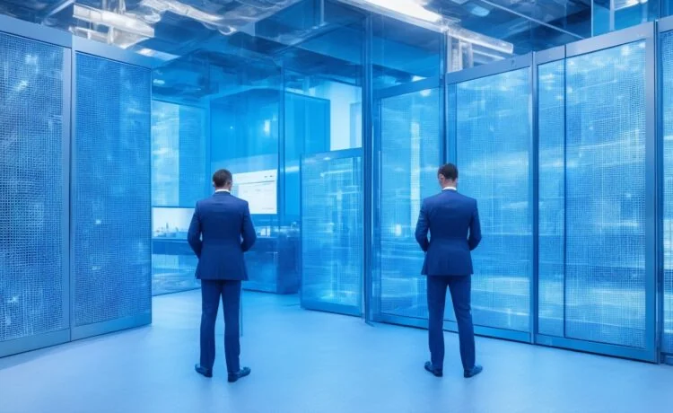 Ein warm erleuchteter, moderner Serverraum mit strahlend weißen Wänden und glänzenden Glasflächen, in dem gut gelaunte Mitarbeitende in legerer Businesskleidung mit offener Kommunikation und natürlichem Tageslicht die digitale Infrastruktur eines hochmodernen Rechenzentrums an einem Tag der offenen Tür vorstellen.