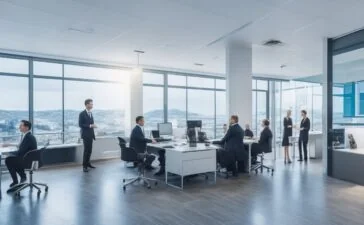 In einem modernen, lichtdurchfluteten Büro strahlen engagierte Fachleute bei einem interdisziplinären Meeting Wärme und Zuversicht aus, während auf einem großen Bildschirm komplexe, vernetzte Datenströme als leuchtende Graphen symbolisch zusammengeführt werden – Sinnbild für die harmonische Vereinigung plattformübergreifender KI-Standards in einer offenen, kooperativen Arbeitsatmosphäre.