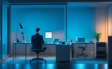 In einem hell erleuchteten, modernen Büro sitzen webentwickelnde Programmierer*innen entspannt an ihren Laptops, umgeben von warmem Tageslicht und minimalistischer Technik, während ein angeregter Dialog über innovative Softwarelösungen die freundliche Atmosphäre erfüllt.