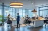 Ein lichtdurchflutetes, modernes Büro mit freundlichen Mitarbeitenden in leichter Teamdiskussion vor Laptopbildschirmen, die konzentriert und entspannt zugleich eine neue Ära der Zusammenarbeit zwischen Mensch und KI verkörpern, eingefangen in natürlichem Tageslicht mit warmen Farbtönen und authentischen Gesichtsausdrücken.