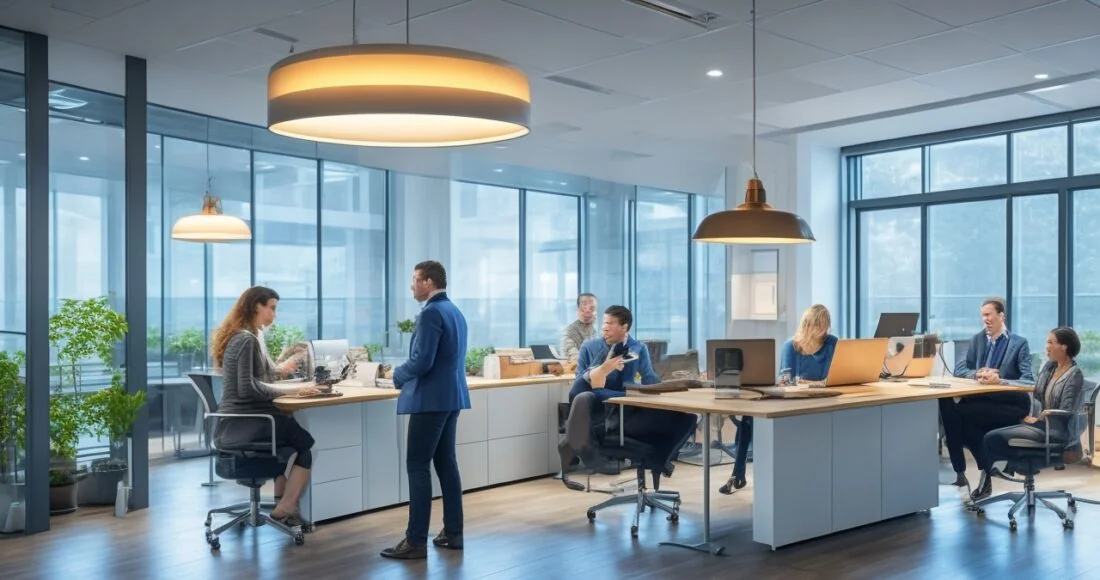 Ein lichtdurchflutetes, modernes Büro mit freundlichen Mitarbeitenden in leichter Teamdiskussion vor Laptopbildschirmen, die konzentriert und entspannt zugleich eine neue Ära der Zusammenarbeit zwischen Mensch und KI verkörpern, eingefangen in natürlichem Tageslicht mit warmen Farbtönen und authentischen Gesichtsausdrücken.