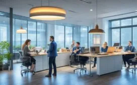 Ein lichtdurchflutetes, modernes Büro mit freundlichen Mitarbeitenden in leichter Teamdiskussion vor Laptopbildschirmen, die konzentriert und entspannt zugleich eine neue Ära der Zusammenarbeit zwischen Mensch und KI verkörpern, eingefangen in natürlichem Tageslicht mit warmen Farbtönen und authentischen Gesichtsausdrücken.